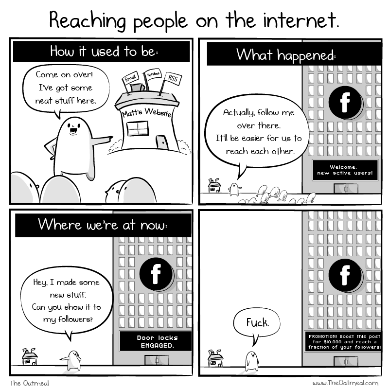 A comic strip from the oatmeal showing how moving from personal websites to social media was a bad idea